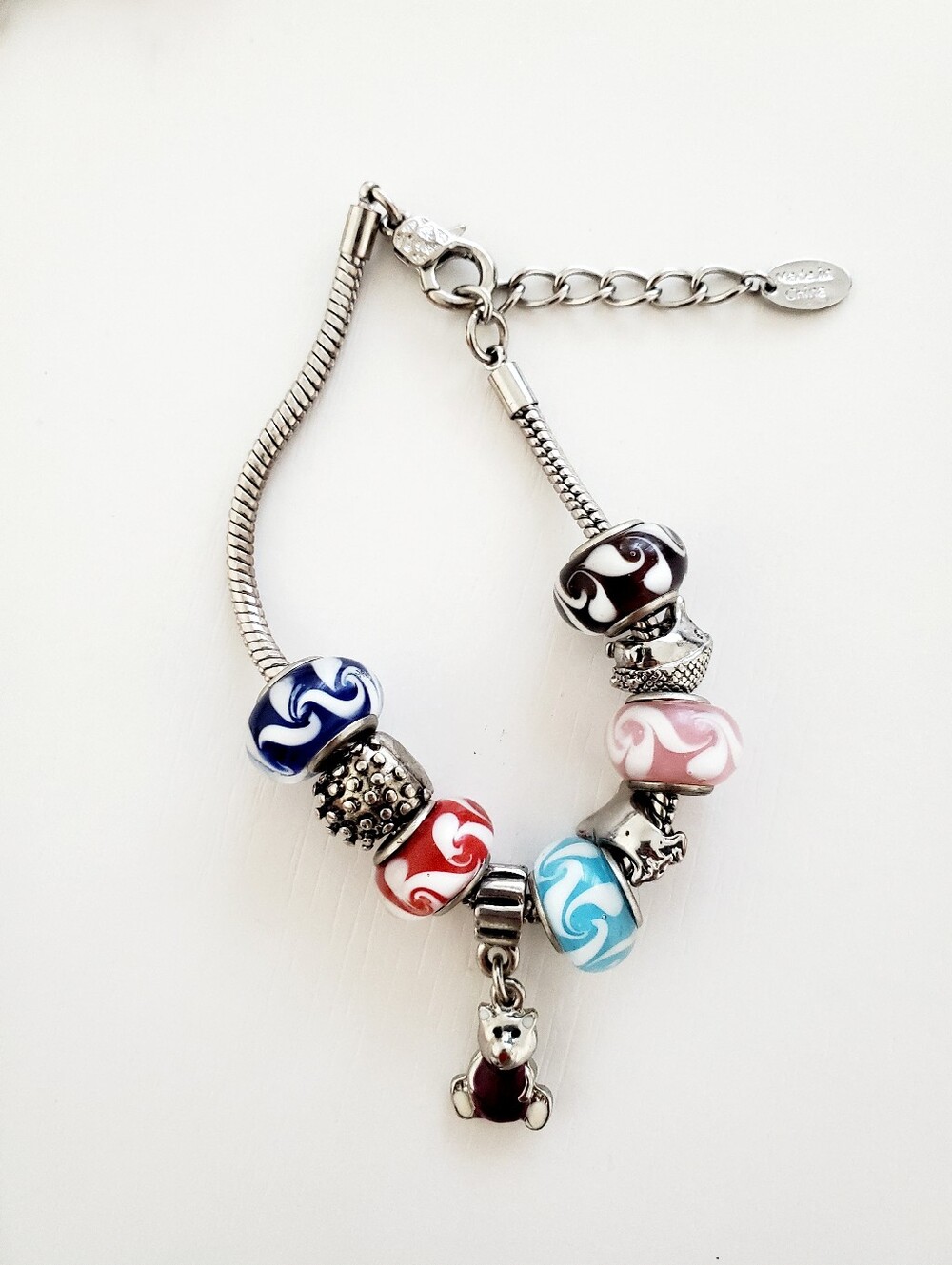 Silver Multi-Charms Glass Bead Bracelet - Pink, Blue, Red, Navy